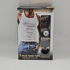 TRUE RELIGION 5 Pack Men’s XLarge Black Premium Cotton Logo Ribbed Tanks