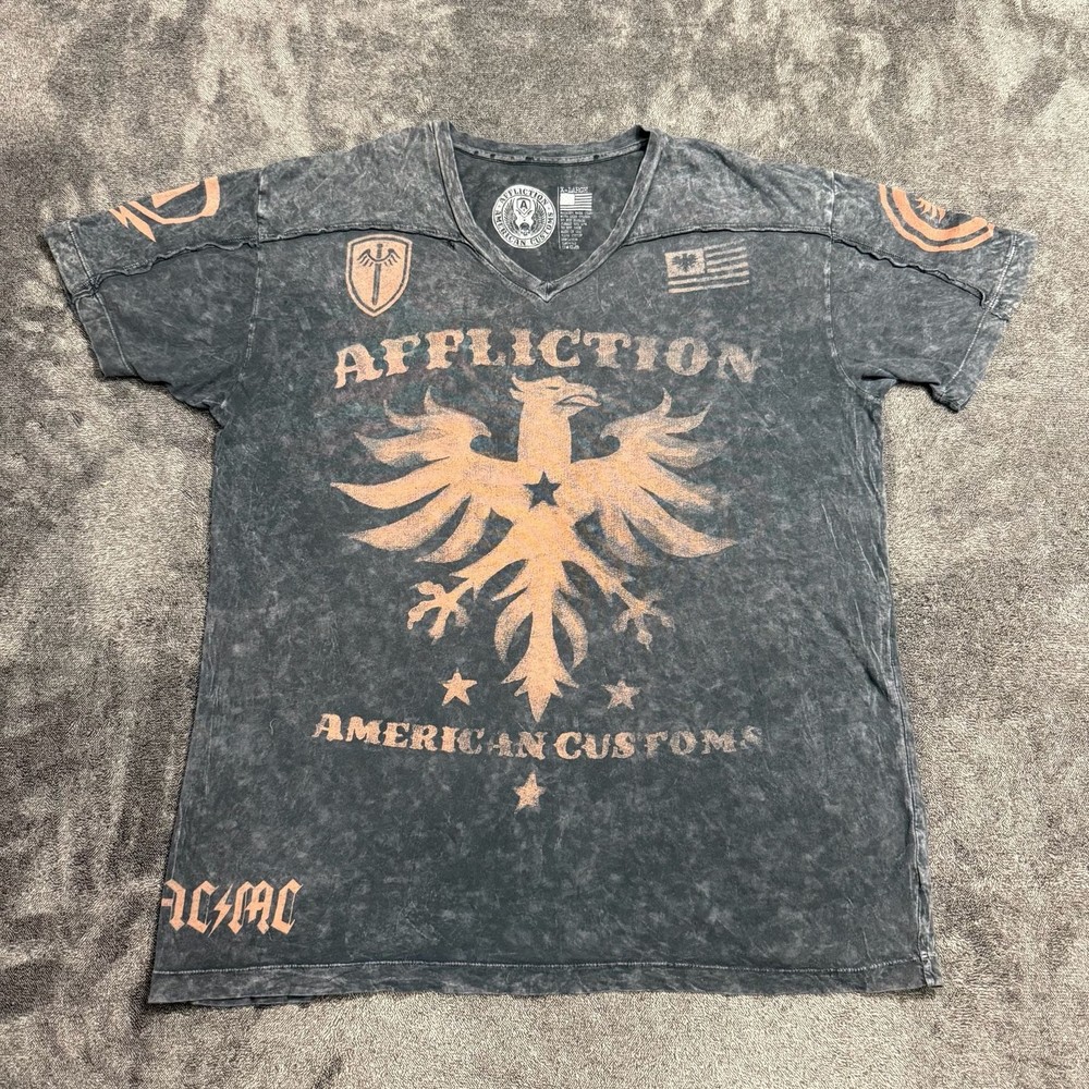 Affliction American Customs AC/DC Eagle Graphic V-Neck T-Shirt Black/Grey
