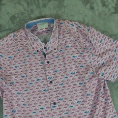 CON.STRUCT Button Down Mens M Pink Fish Print Slim Fit 4-Way Stretch SS Shirt