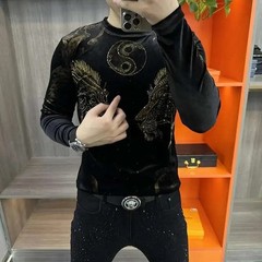 Luxury Men Fashion Lion Golden Velvet Rhinestone Diamond Long Sleeve T-Shirt