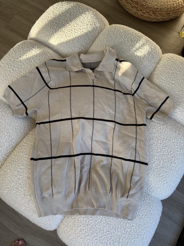 Dazy Beige and Black Checkered Short Sleeve Polo Shirt Size L
