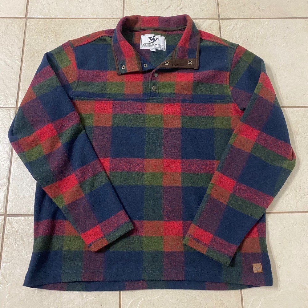 John Wayne Plaid Snap Collar Pullover Shirt Men’s Size L Red Green Blue Classic