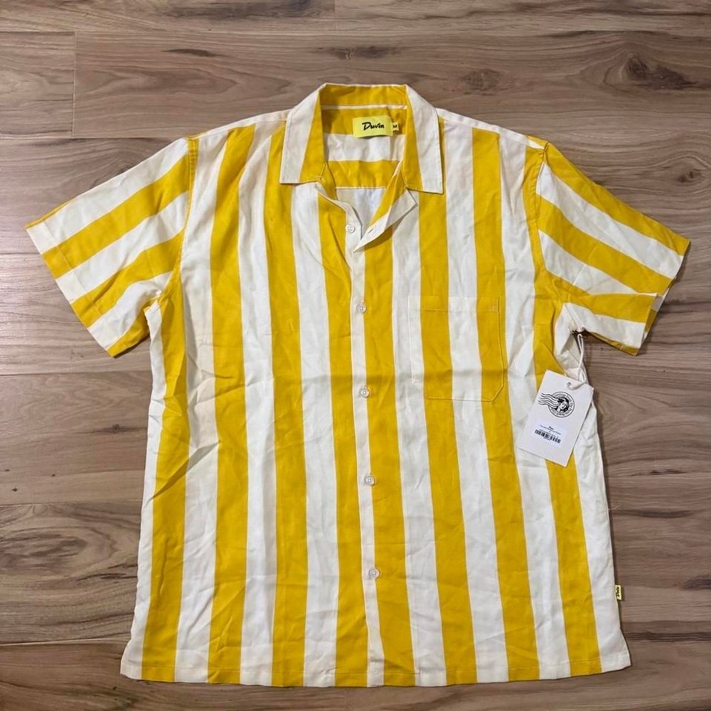NWT Duvin Design Cabana Button Up Shirt Yellow Striped Short Sleeve Mens Medium