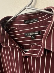Express 1MX Modern Fit Solid Button Shirt Maroon Striped Dress Shirt M Mens