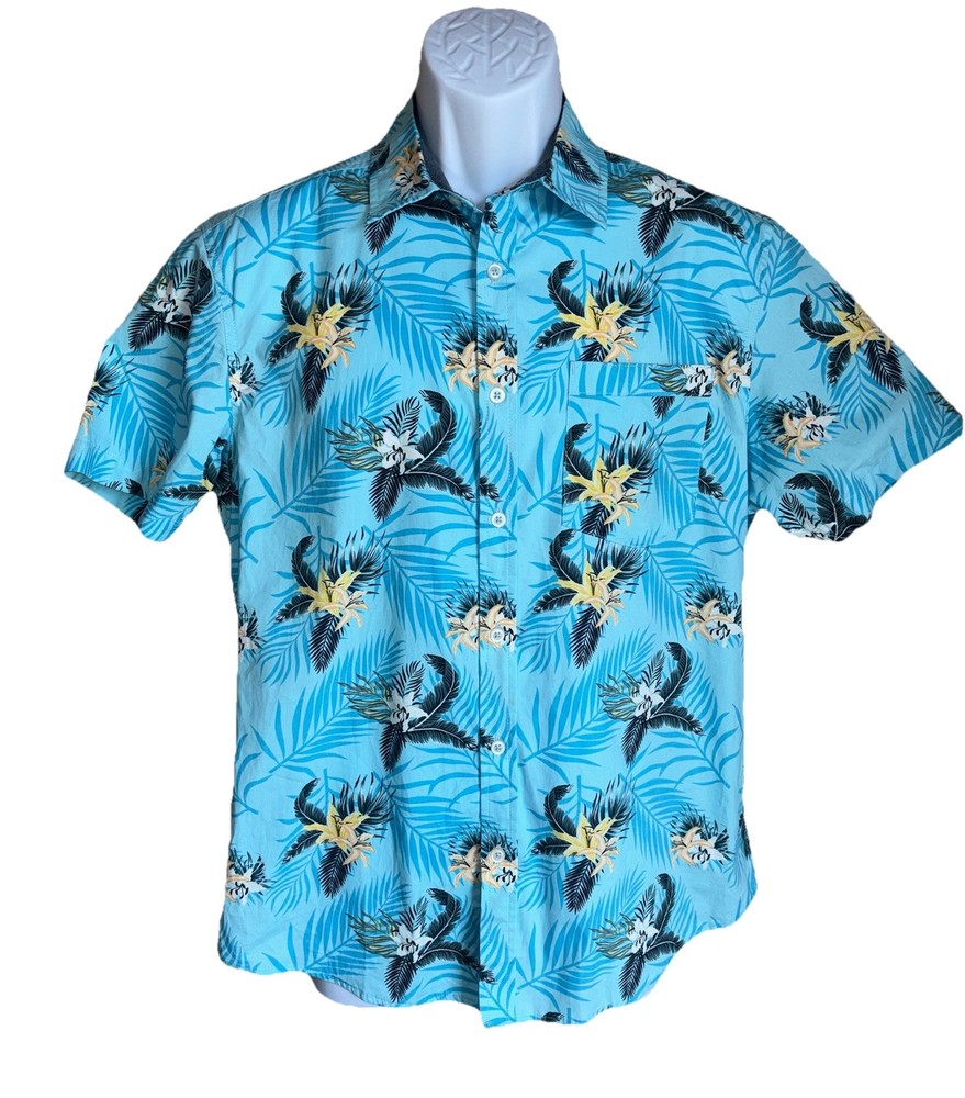 Burnside Men’s Tropical Button Down Shirt Blue Yellow Floral 100% Cotton Medium