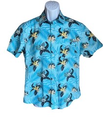 Burnside Men’s Tropical Button Down Shirt Blue Yellow Floral 100% Cotton Medium