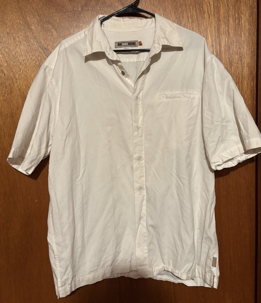 Quick Silver Men’s Silver Edition Short Slv Shirt Sz L Vintage Palm Tree Motif
