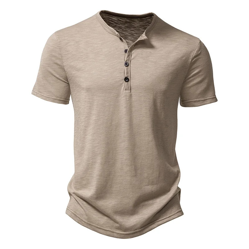 Henley Collar Summer Men Casual Solid Color Short Sleeve T Shirt for Men Polo.