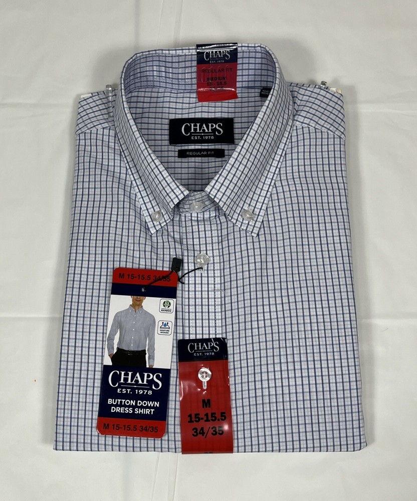 Chaps Regular Fit Button-Down Dress Shirt, Blue, Men’s Medium 15-15.5 34/35 NEW