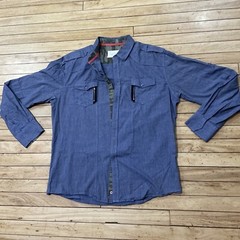 SOVEREIGN CODE Metal Snap Button Shirt Men XXL Blue Military Camo Zip-Pocket 2XL