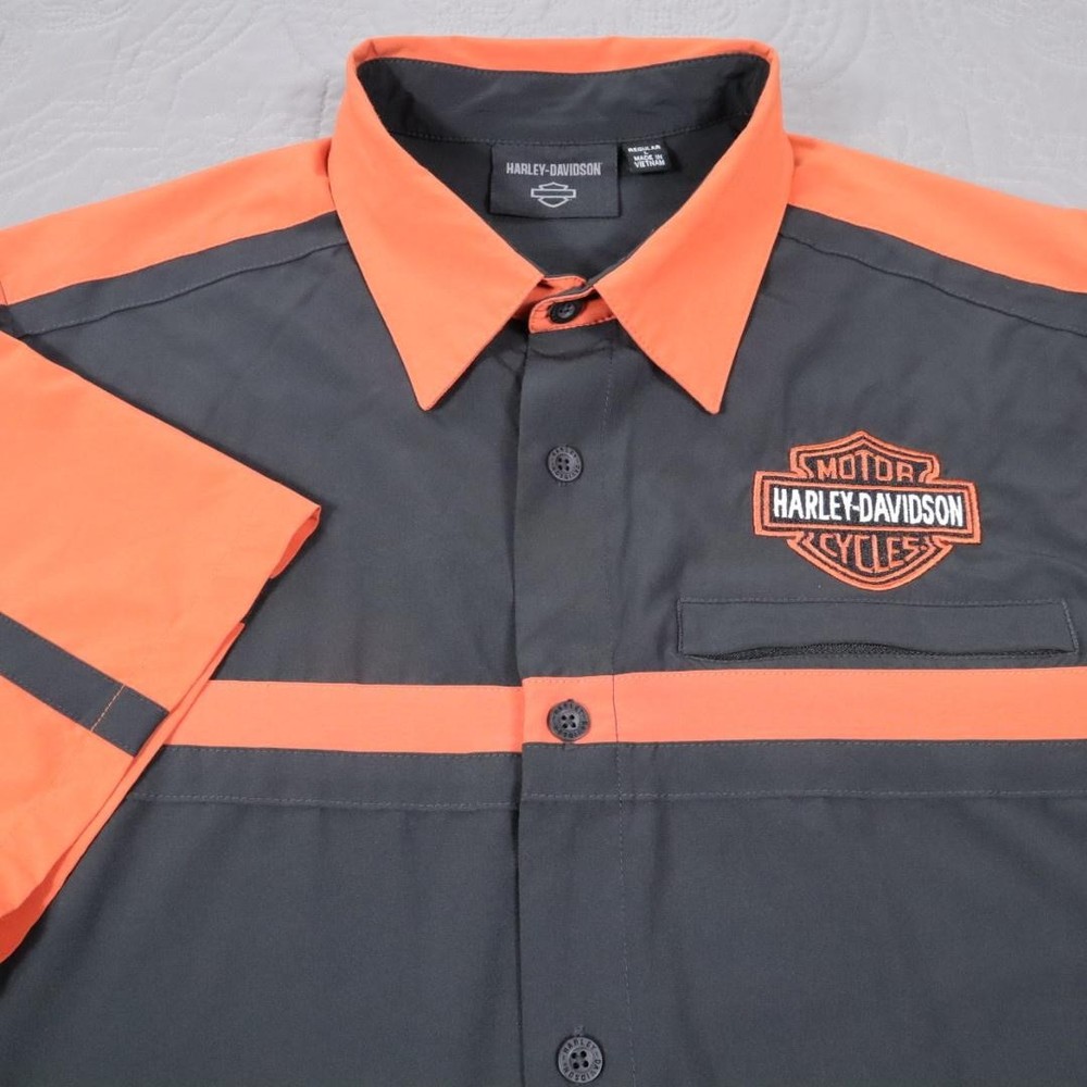Harley-Davidson Performance Button Shirt Mens Large Gray Orange S/S Stretch Tech