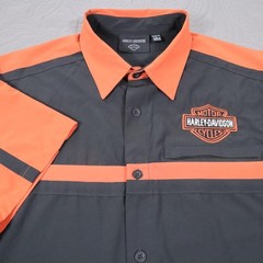 Harley-Davidson Performance Button Shirt Mens Large Gray Orange S/S Stretch Tech
