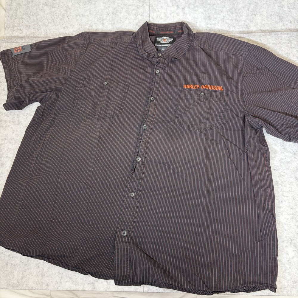 Harley-Davidson 2XL Striped Button Down Shirt Black Orange Pinstripe Cotton