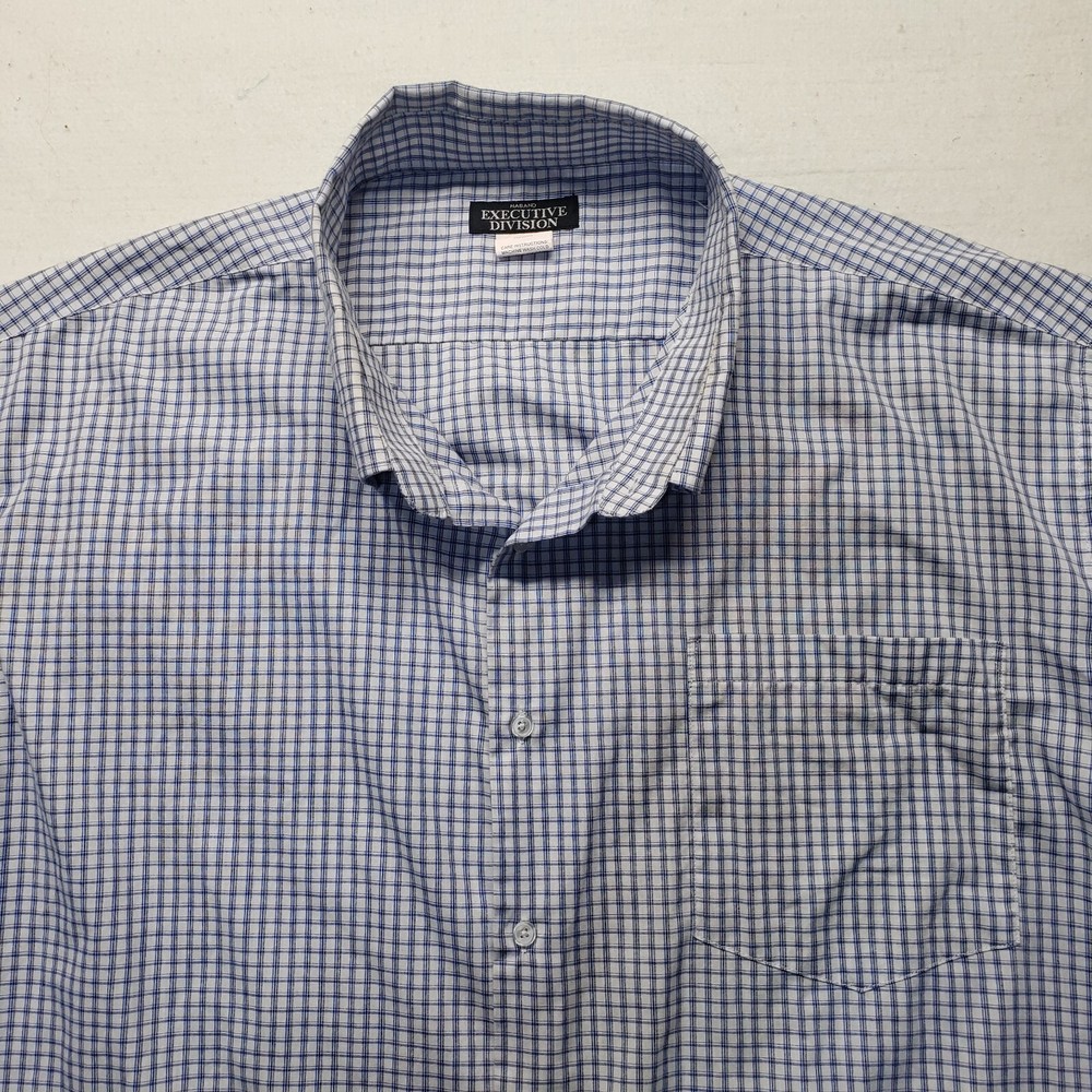 Executive Division Blue Checkered Long Sleeve Dress Button Up Shirt Mens Big 21L