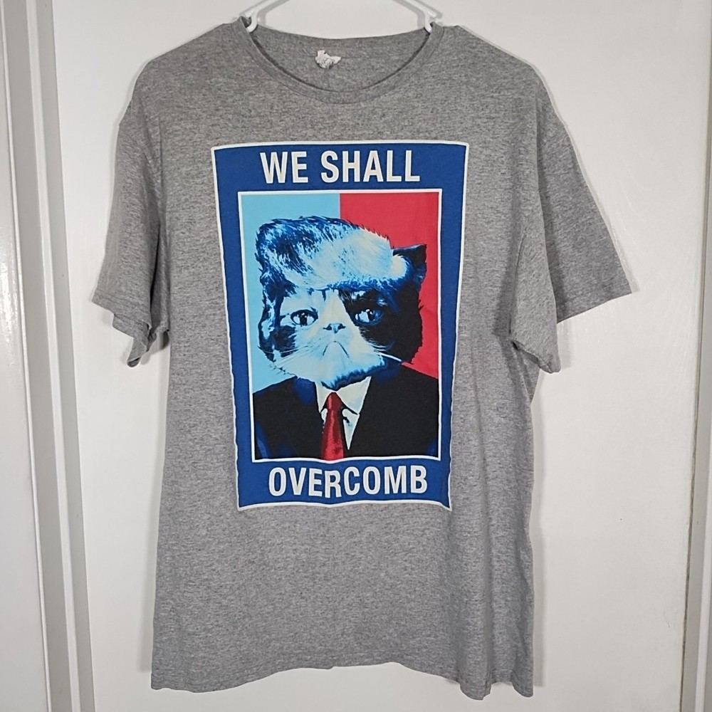 Grumpy Cat “We Shall Overcomb” Men’s/Unisex L Trump Gray Tshirt Funny Hair