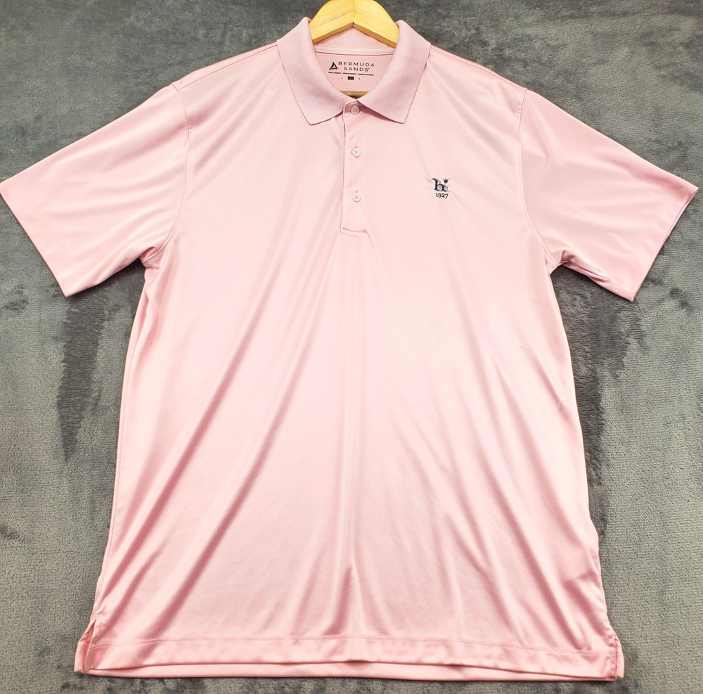Golf Polo Mens L Performance Pink Button Resort Sporty Preppy Bermuda Sands Club