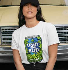 Light The Bud T-SHIRT Marijuana Weed Leaf Beer Can Funny 420 Stoner Cannabis TEE