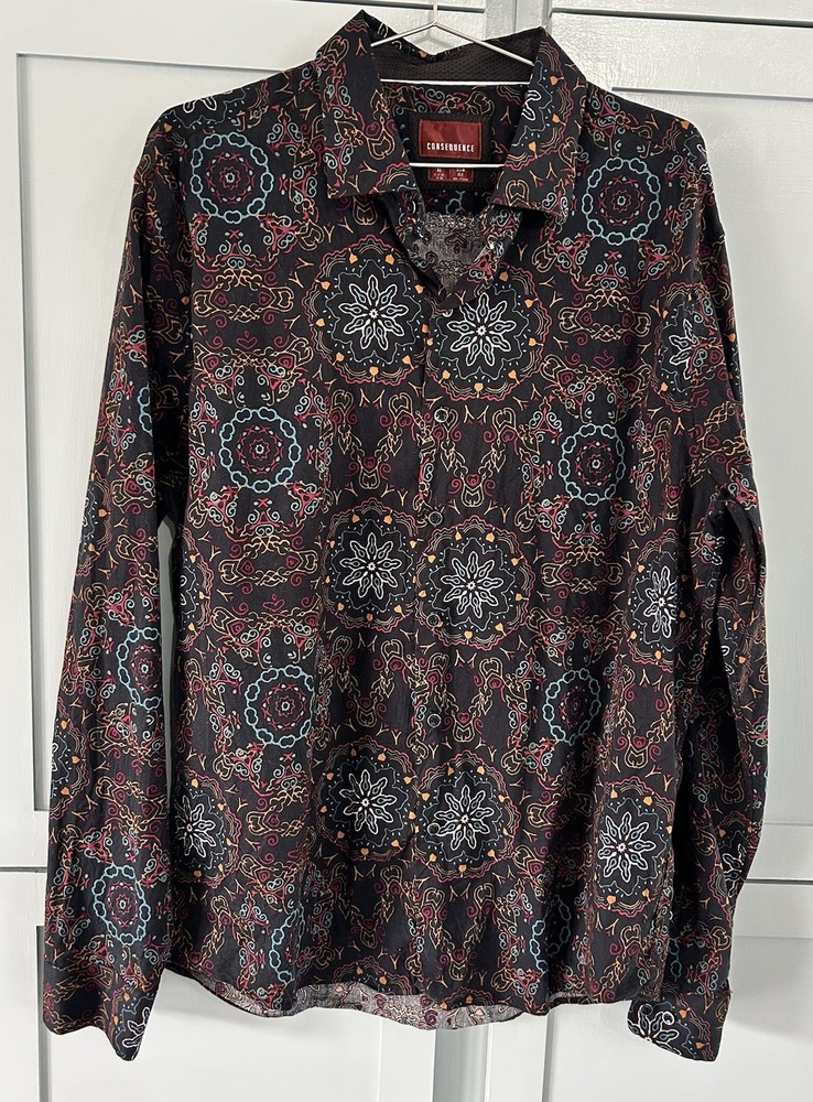 Consequence Men’s Long Sleeve Button Up Paisley Print Slim Fit XL Boho Flip Cuff
