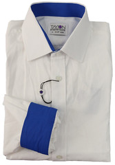 Tayion Collection Men’s Blue Trim Solid Dress Shirt, White, 15-15.5 in, 32-33