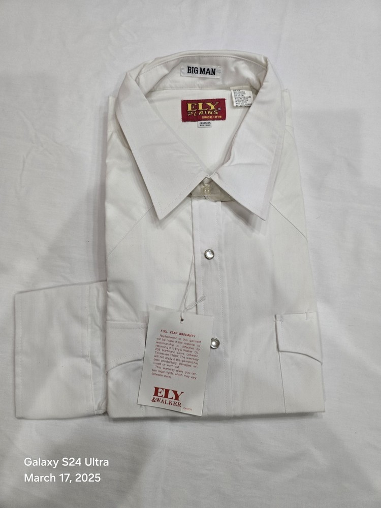Ely Plains Big Man Solid White Pearl Snap Western Shirt L/S Big Man’s 19x35x36