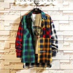 Personality Patchwork Red Plaid Shirt Men’s Street Hip Hop Long-sleeved Shirt