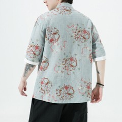 Chinese Men Top Shirt Frog Button Tang Suit Dragon Printed Tai Chi Retro Summer