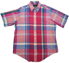 Vintage POLO RALPH LAUREN Short Sleeve Madras Button Shirt Pink Plaid Large L