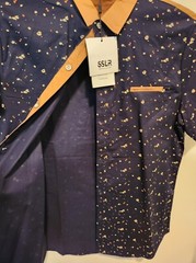 SSLR Men’s Collection Button Down Shirt Size M Blue Gold Trim Short Sleeve NWT