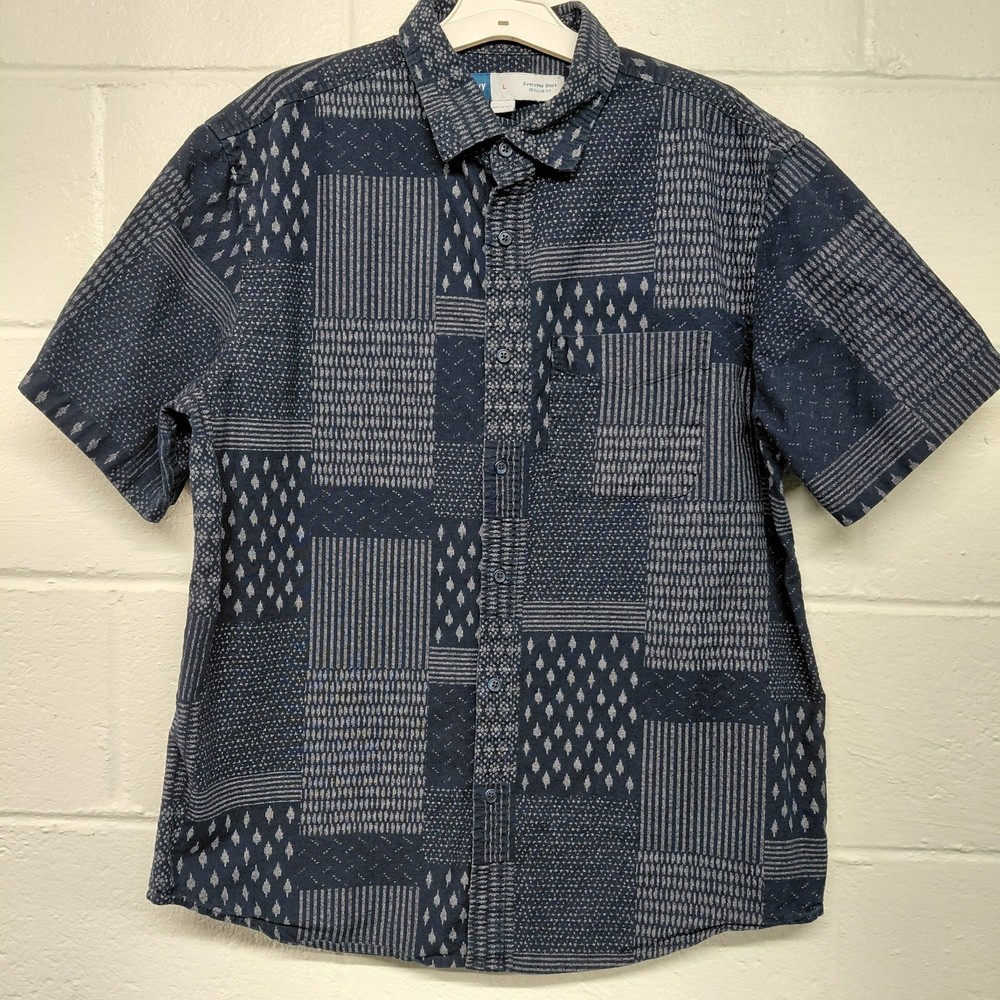 Old Navy Shirt Mens LARGE Patchwork Navy Blue White Short Sleeve Button Down