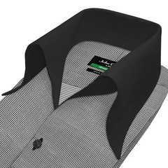 High Open Bow Collar Buttonless Men’s Black Dogstooth V Neck Preppy Cotton Shirt
