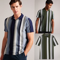 Ted Baker Mens Polo Shirt Walraf Textured Stripe Print Zip Regular Fit T-shirt