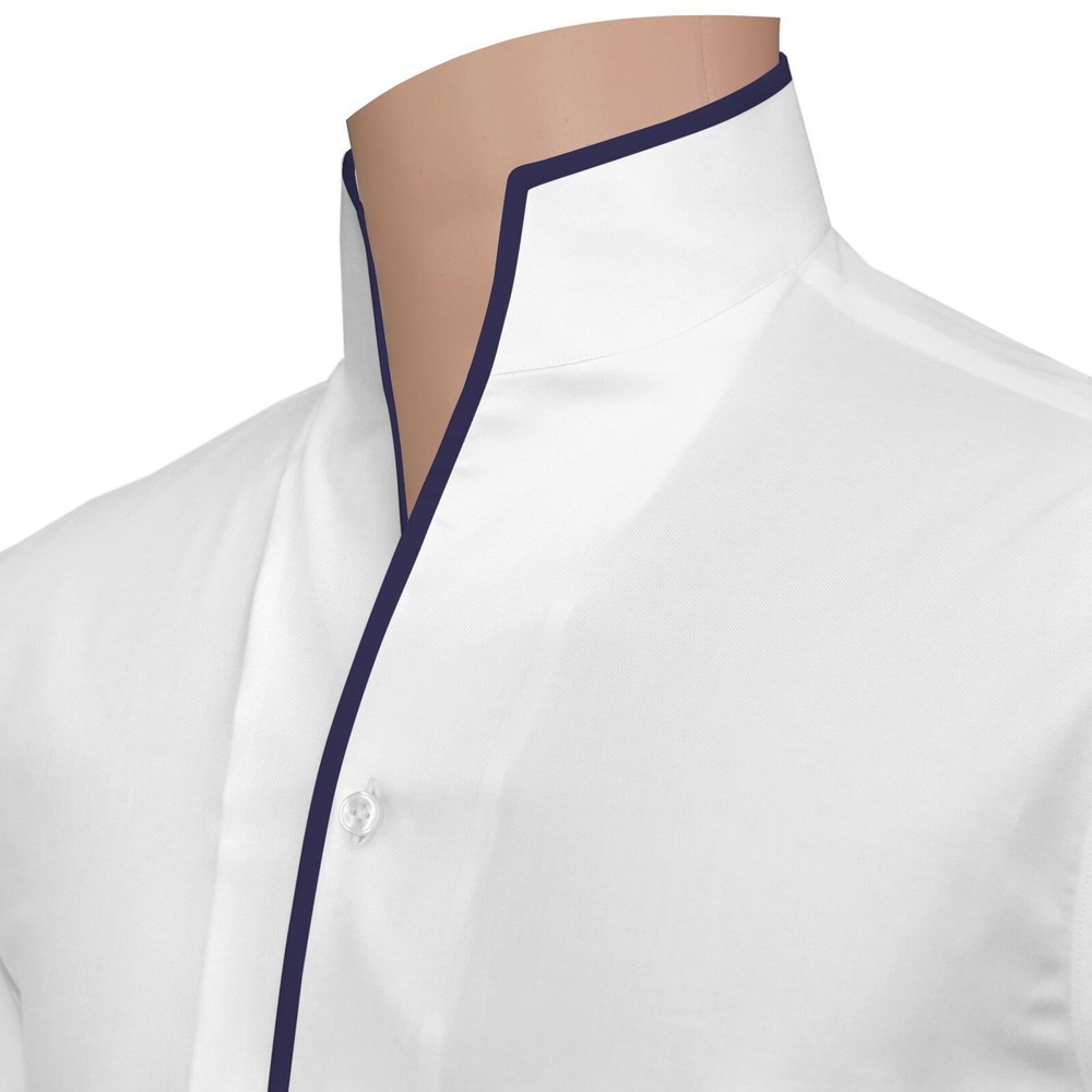 White High Open Collar Highlighted Navy Blue Piping 100% Cotton Men Preppy Shirt