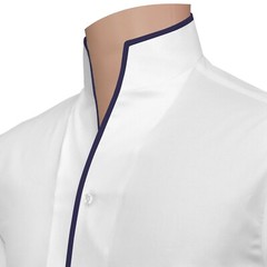 White High Open Collar Highlighted Navy Blue Piping 100% Cotton Men Preppy Shirt
