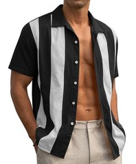 Summer color-block striped patchwork short-sleeved men’s Cuban collar shirt