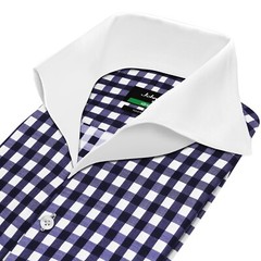 Navy Blue Gingham Checks High Open Extreme Cutaway Collar Buttonless Men’s Shirt