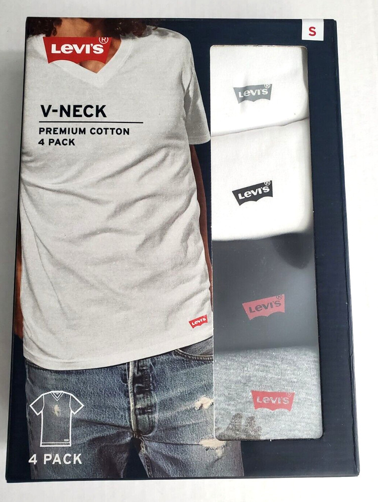 Levi’s Men’s 4-Pack V- Neck Premium Cotton T-Shirt White/ Gray /Black, Small