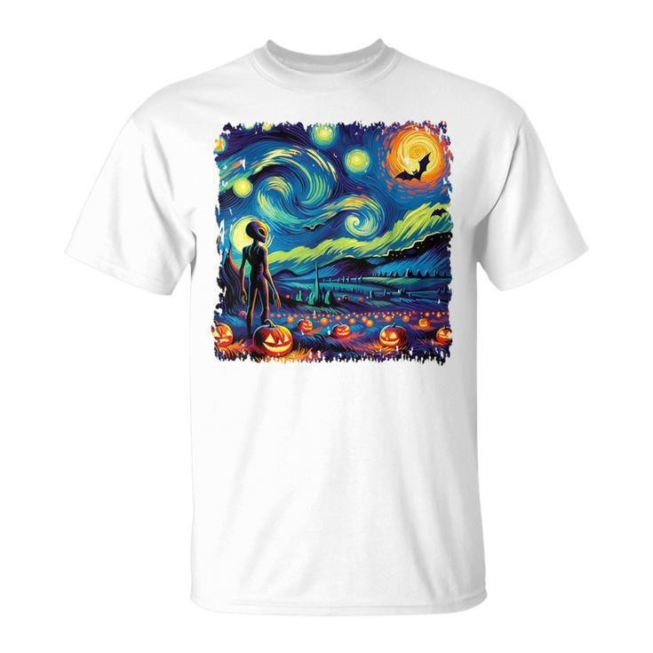 Van Gogh Starry Night Alien Man Halloween Fall Pumpkin Bats T-Shirt