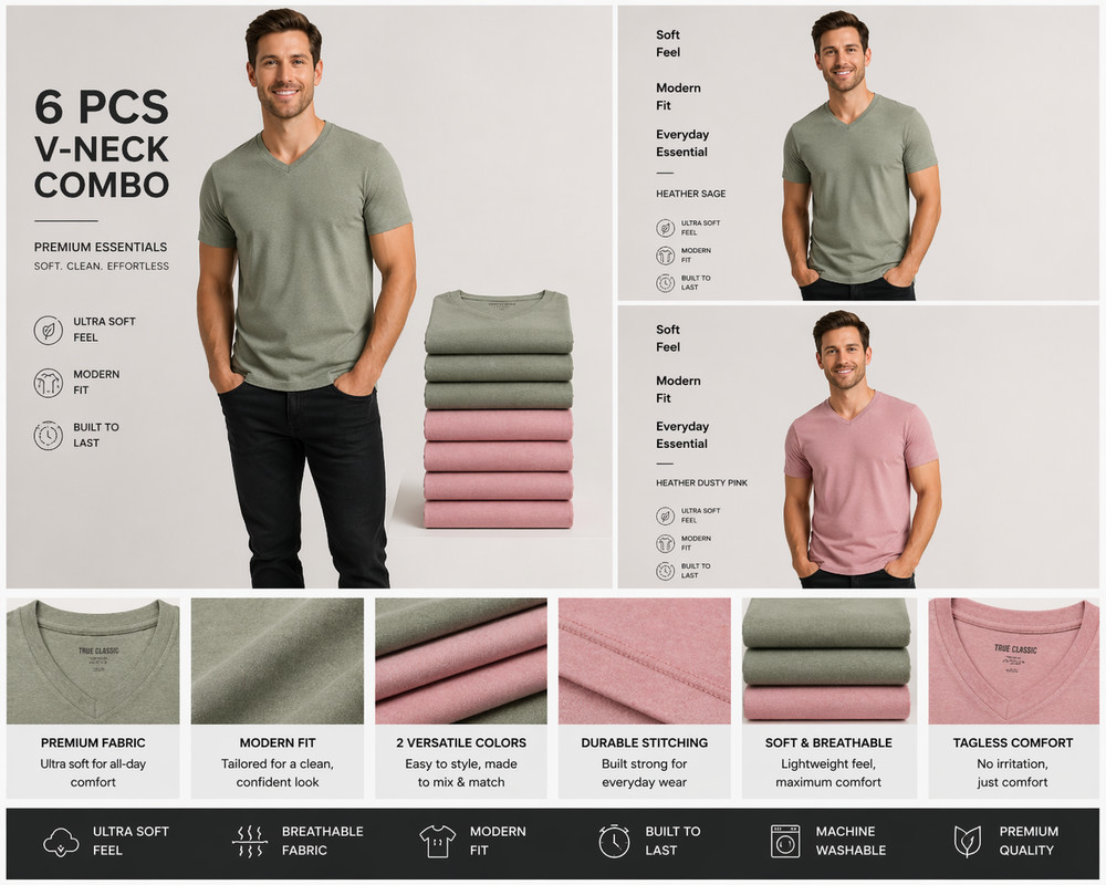 True Classic V-Neck 6 Pack Men Size 2XL Pink & Sage Special Bundle Deal