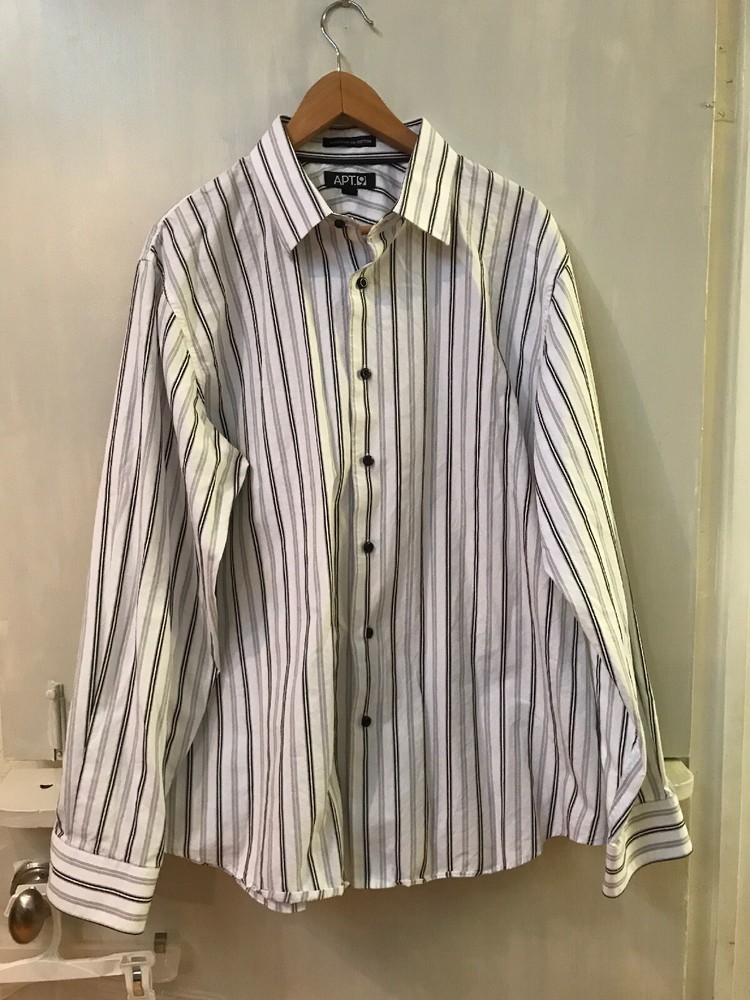 Apt 9 White Black Grey Stripes Button Front Long Sleeve Shirt Mens Size XL
