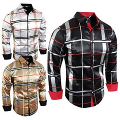 Designer Italian Shirt Men Plaid Luxury Stripe Silky Stretch Slim Fit Button Up