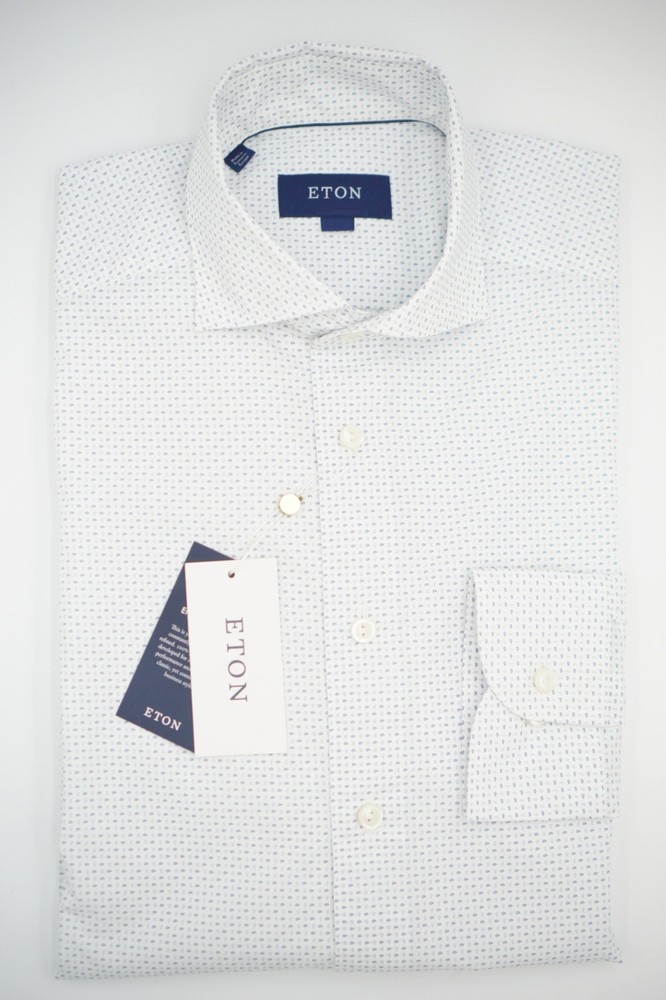 Men Eton Shirt White With Micro Pattern Single Cuff Contemporary Size 40 153/4