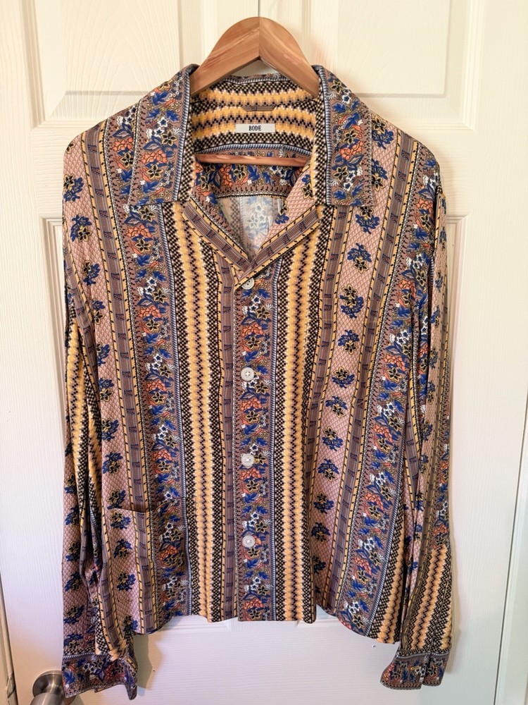 BODE Hand Embroidered Checkerboard Floral Cotton Shirt Aqua White Camp Collar XL