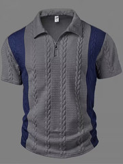 Men’s Short Sleeve Polo Shirt Jacquard Knit Quarter Zip Casual Summer Golf Top