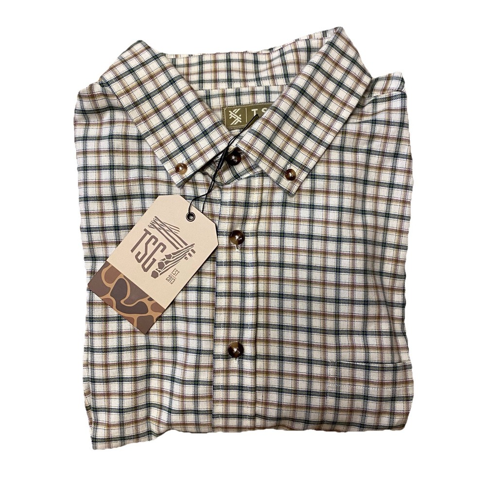 The Sporting Gent Midweight Button Down Shirt in Ivory/Olive Check Plaid new, L