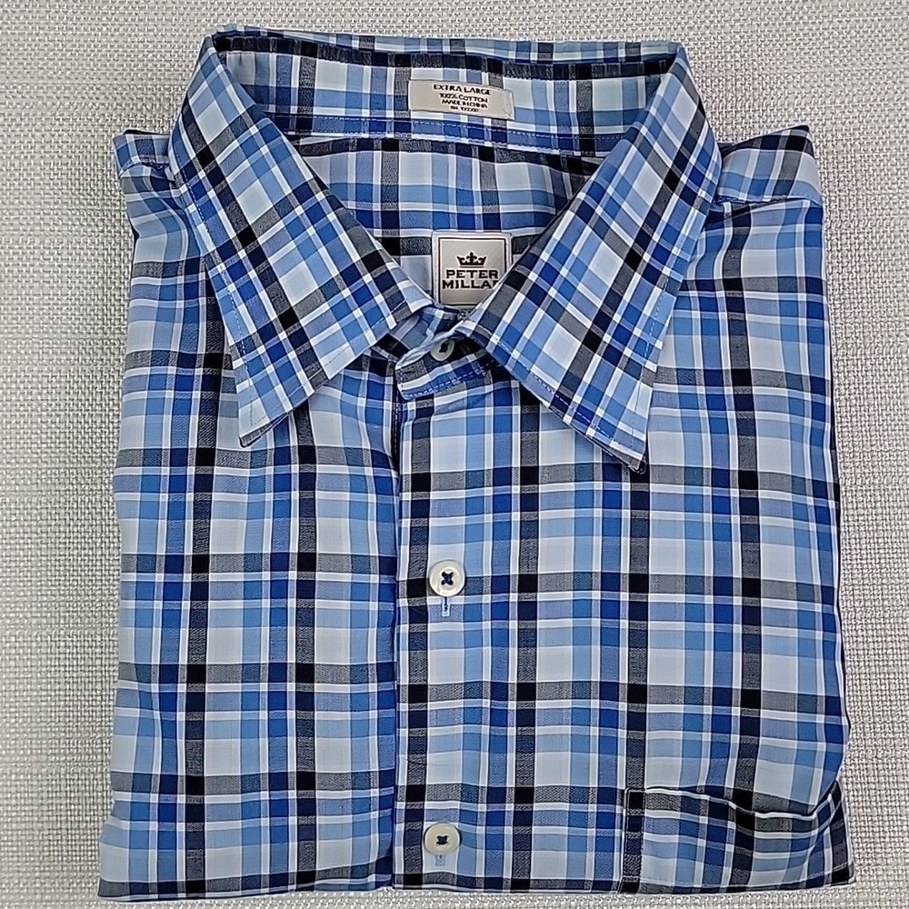 Peter Millar Hidden Button-Down Long-Sleeve Blue Plaid Dress Shirt XL