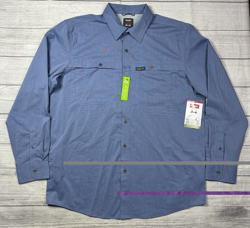 Wrangler Performance Shirt Men’s Large Blue UPF 30 Button Up Stretch Fishing NWT