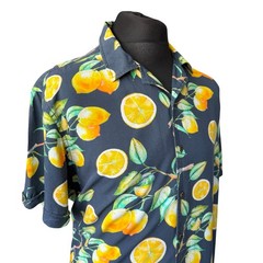 JOE BROWNS Shirt Mens XL (44-47″) Short Sleeve in Blue with Lemon Design