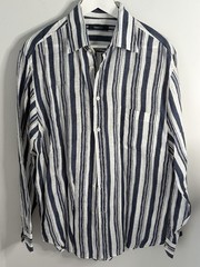 Zegna Sport 100% Linen Shirt Men M/L Blue White Stripe Long Sleeve Romania