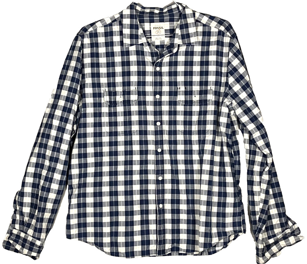 Authentic Fossil 54 Blue Plaid Button Up Long Sleeve Shirt Men’s Size XL. #3230