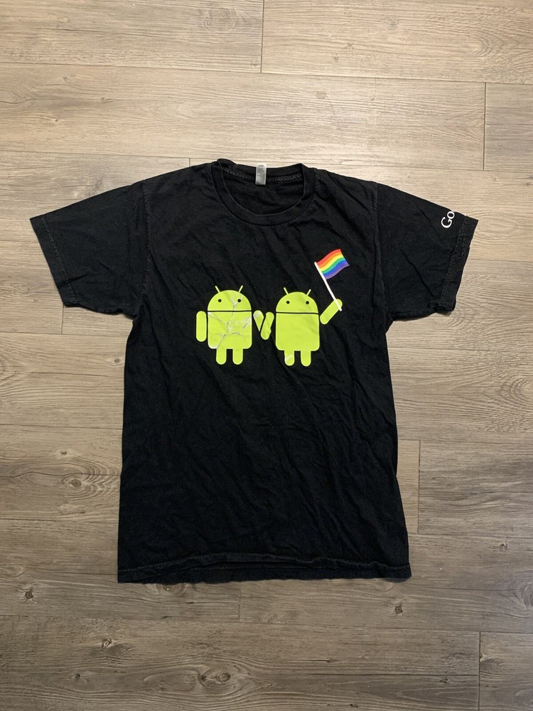 Google Android Pride Flag Graphic T-Shirt Medium Black Promo Cotton Y2K Tech